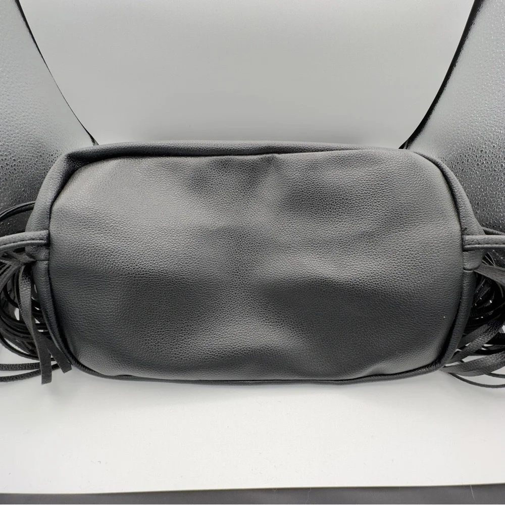 Victoria's Secret Black Faux Leather Shoulder Bucket Bag Fringe Backpack Tote